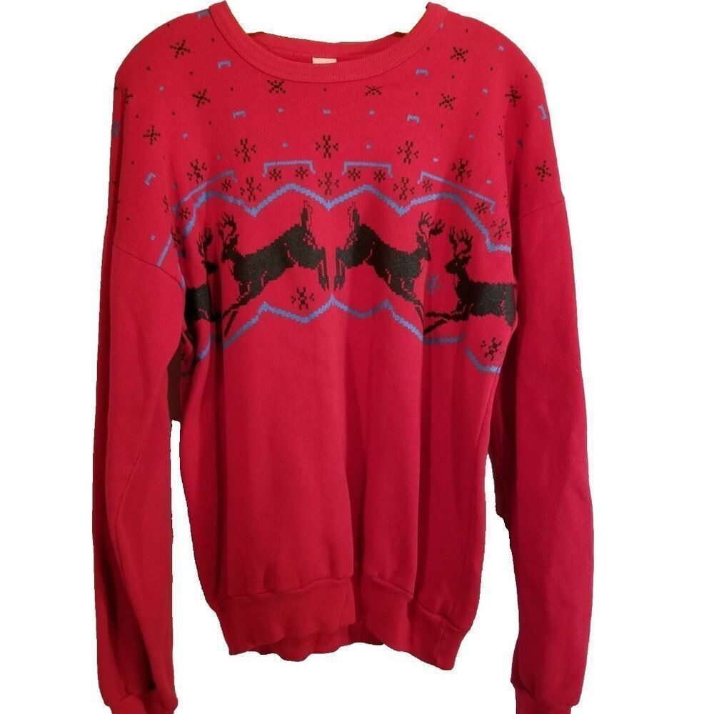 Vintage 80s Tultex Mens Christmas Reindeer Sweatshirt Red Crewneck Sweater
